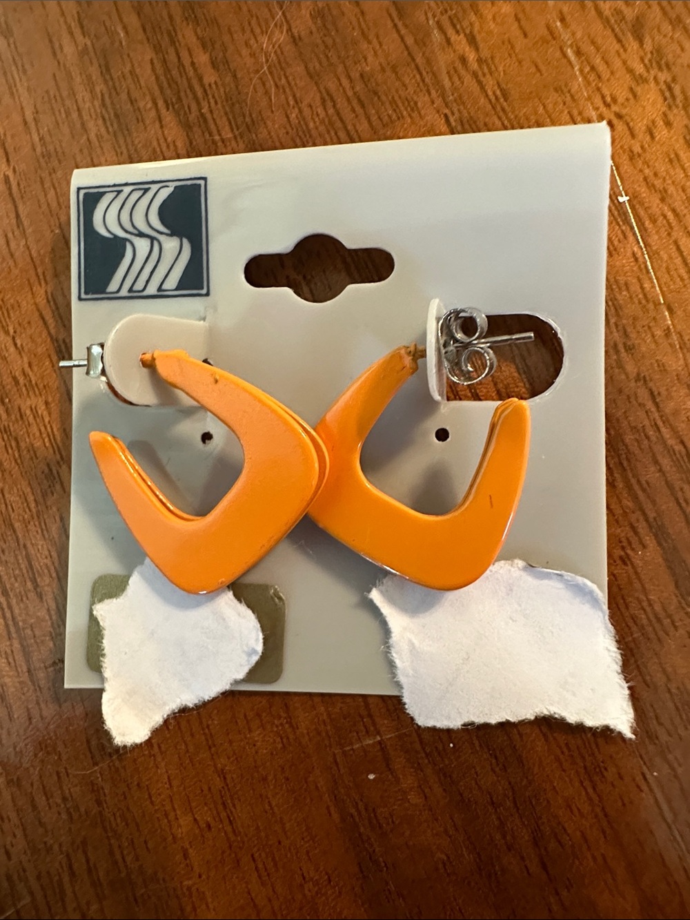 New on Card Vintage Orange Geometric Small Hoop Post Earrings